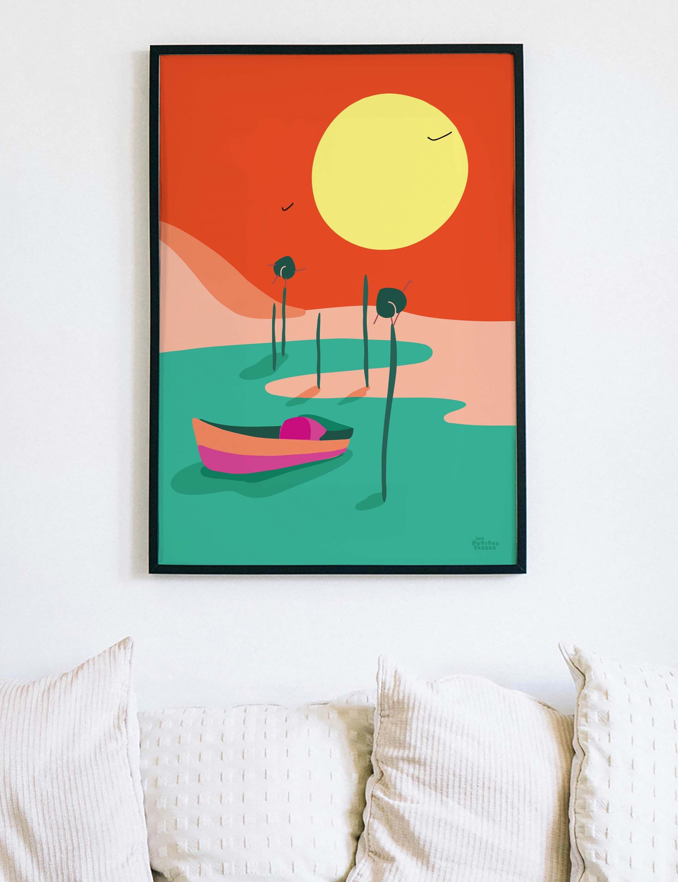 affiche-pinasse-dune-du-pilat-bassin-arcachon-coucher-de-soleil-coloréee