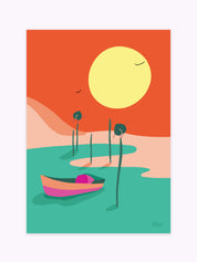 affiche-pinasse-dune-du-pilat-bassin-arcachon-coucher-de-soleil-coloréee